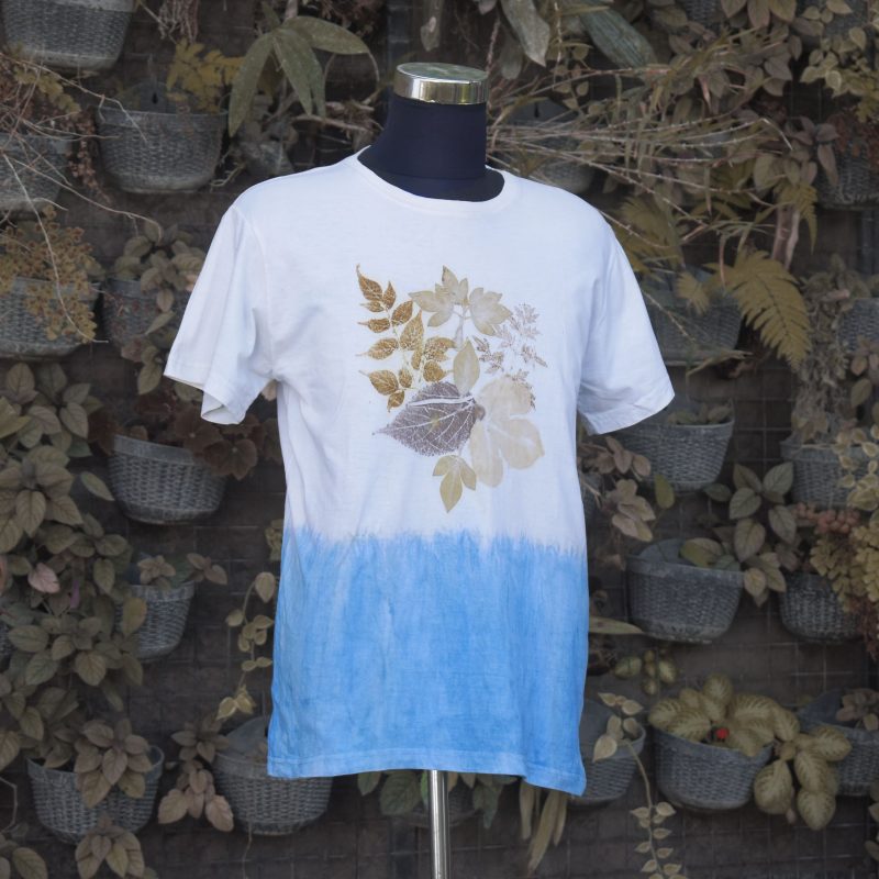 Natural Dye Ecoprint T-shirt with leaf print design and blue dye